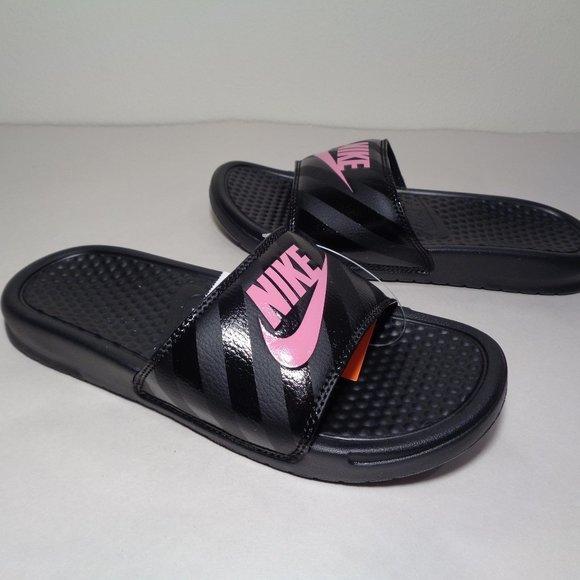 nike benassi slides pink and black